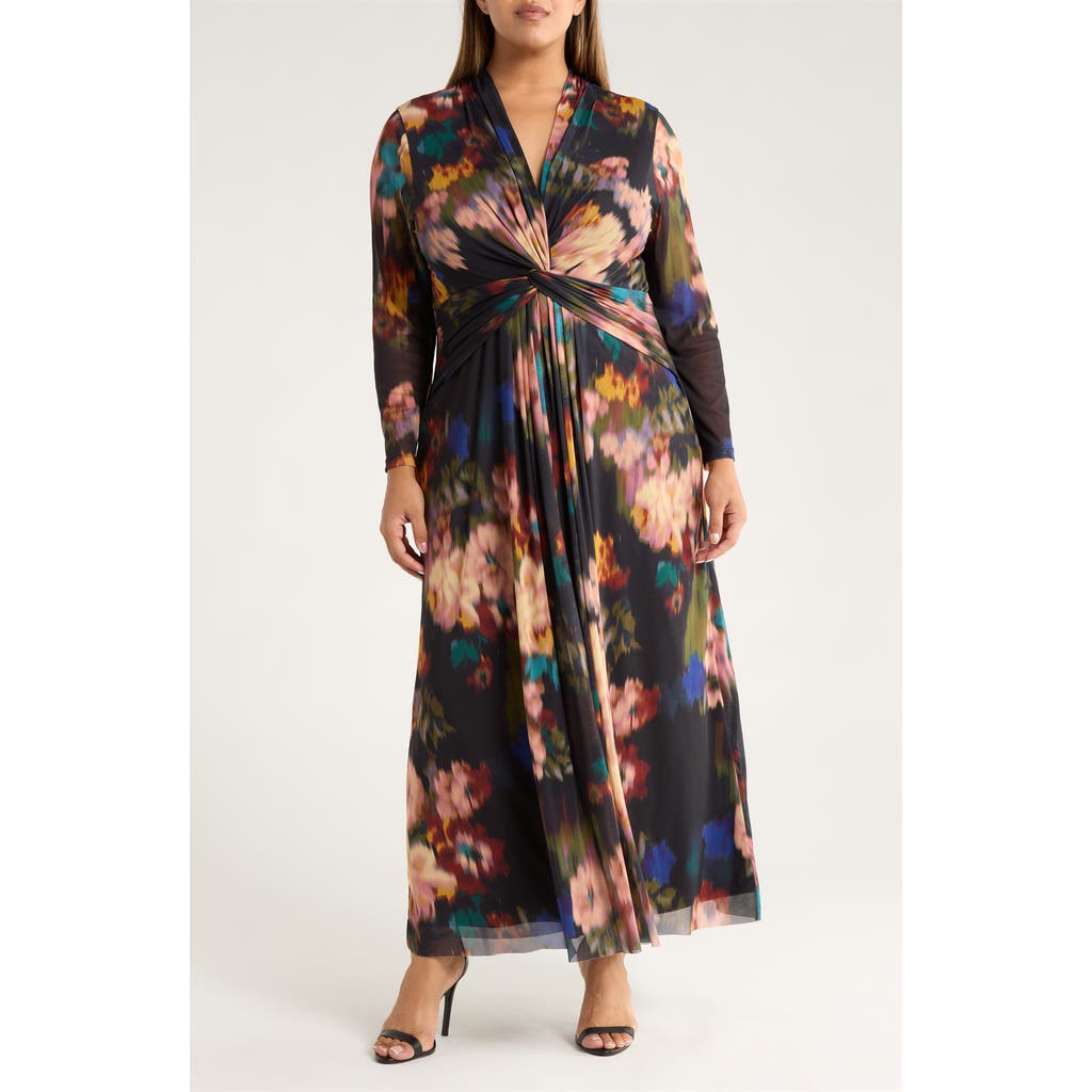 Anne Klein Blurred Floral Twist Front Long Sleeve Mesh Maxi Dress In Multi
