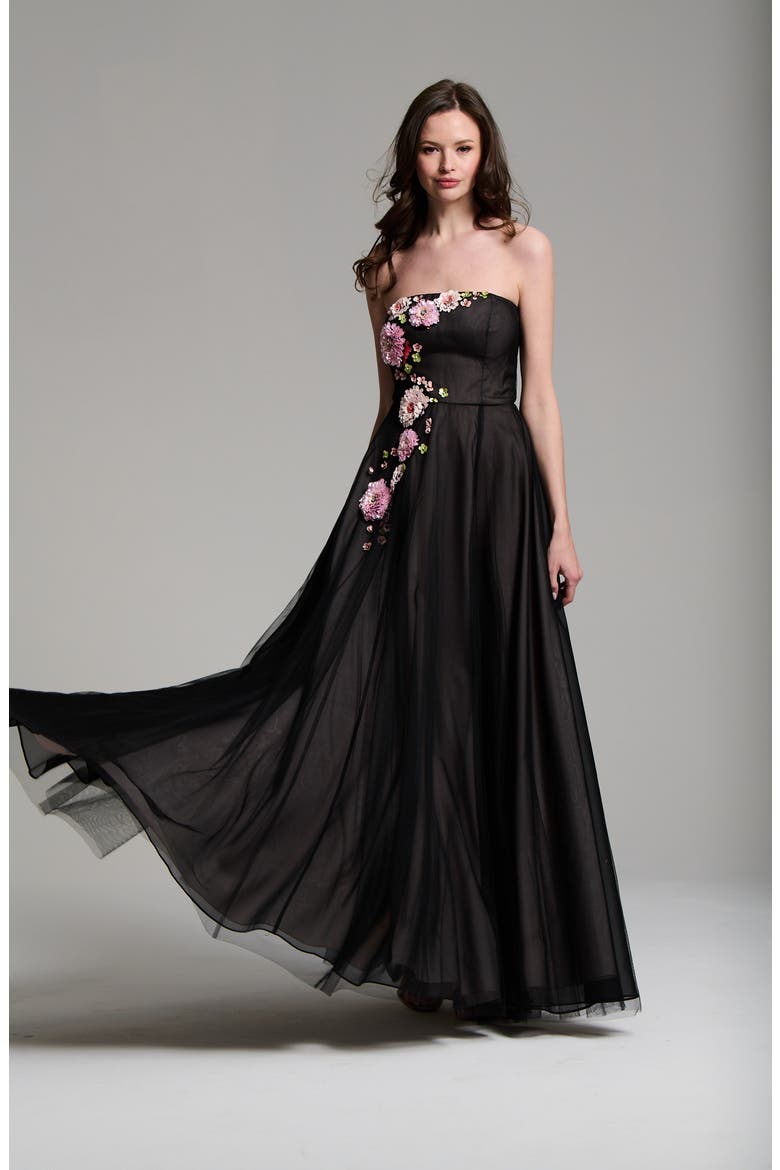 3D Floral Strapless Tulle Gown, Alternate, color, BLACK MULTI