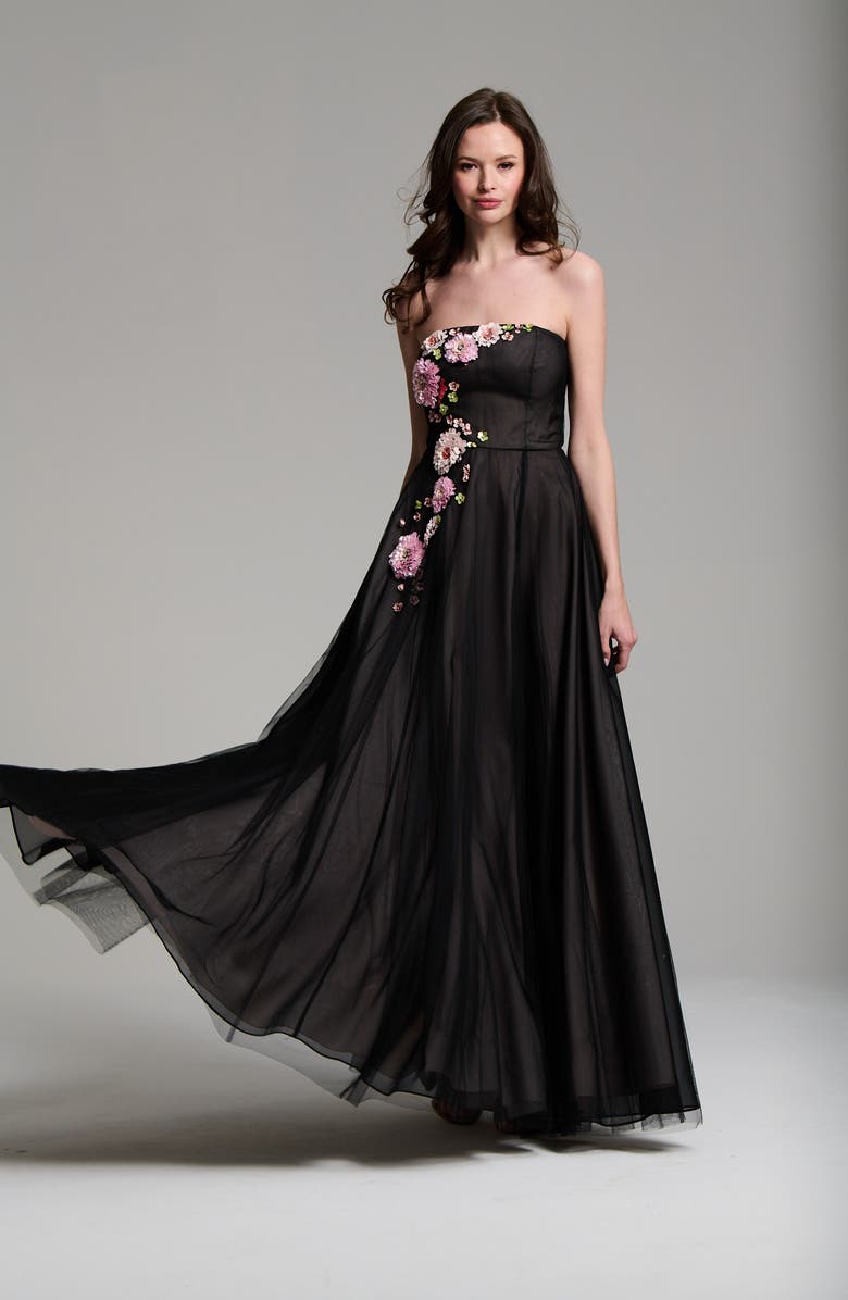 EMILY SHALANT 3D Floral Strapless Tulle Gown, Alternate, color, 