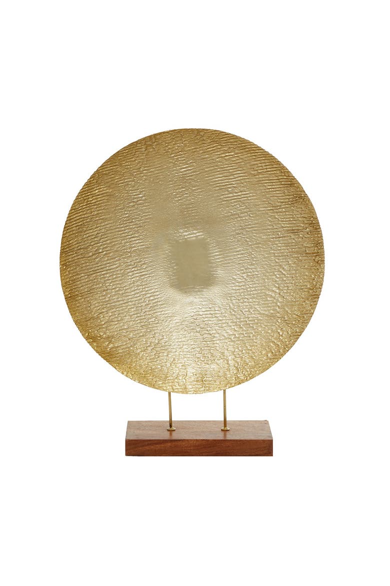 Gold Metal Plate Geometric Sculpture with Wood Stand, Main, color, GOLD