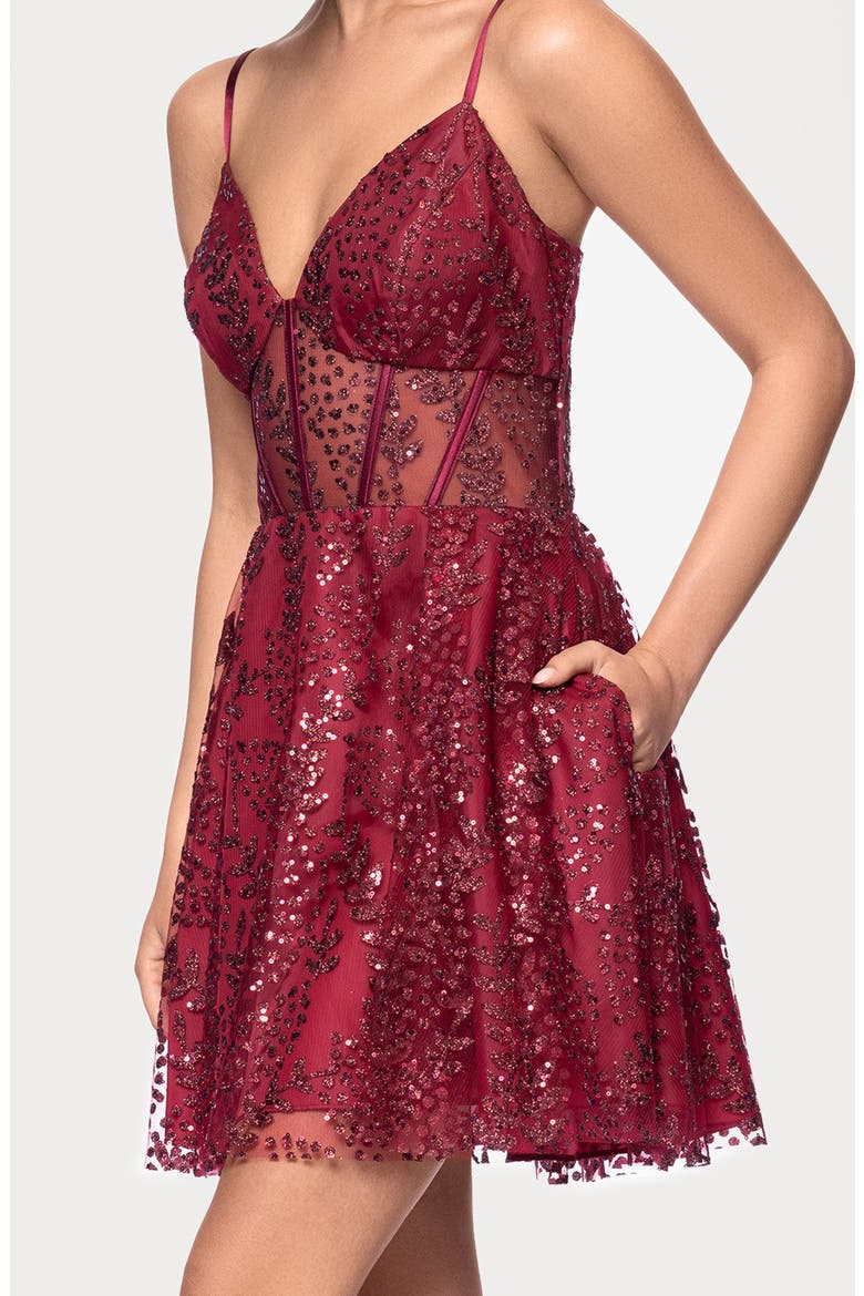 Glitter Illusion Lace-Up Fit & Flare Dress, Alternate, color, WINE