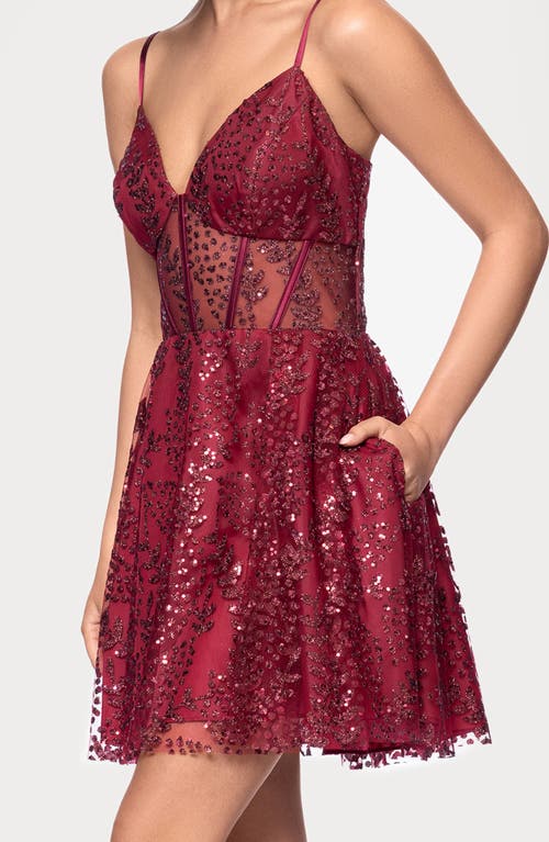Blondie Nites Glitter Illusion Lace-up Fit & Flare Dress In Burgundy