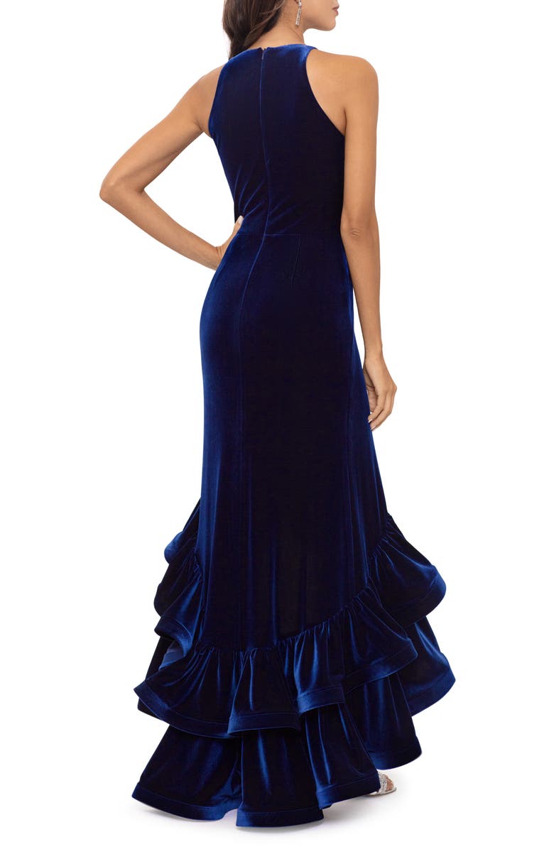 Betsy & Adam Tiered Ruffle High-Low Velvet Gown, Alternate, color, 