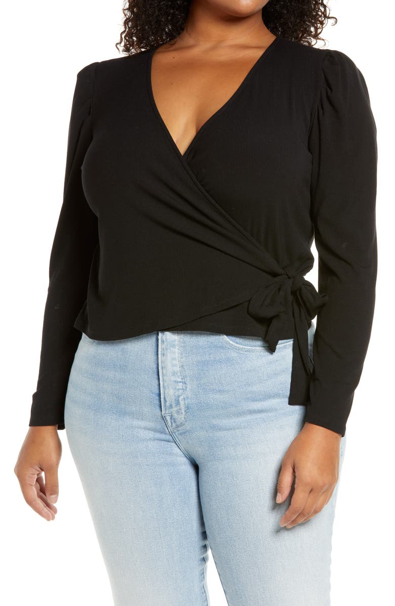 Open Edit Puff Sleeve Knit Wrap Top, Main, color, 