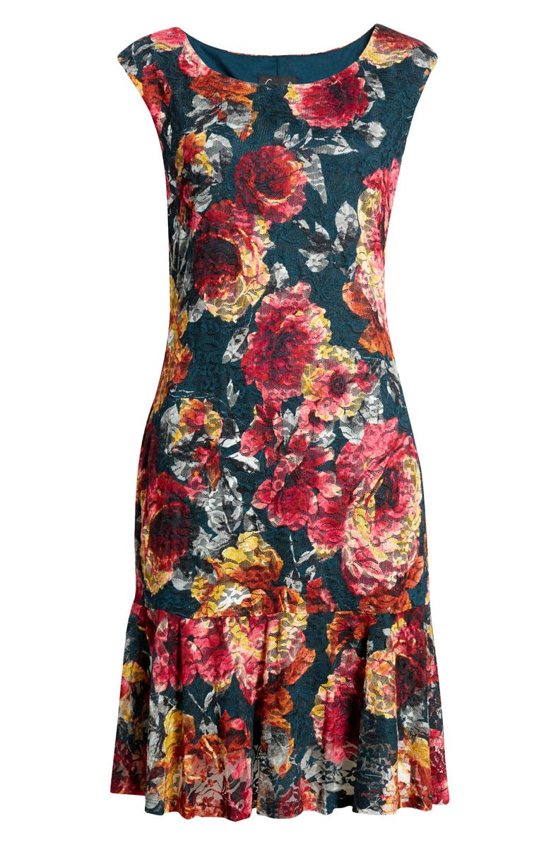 Connected Apparel Floral Print Lace & Ruffle Sheath Dress, Alternate, color, 