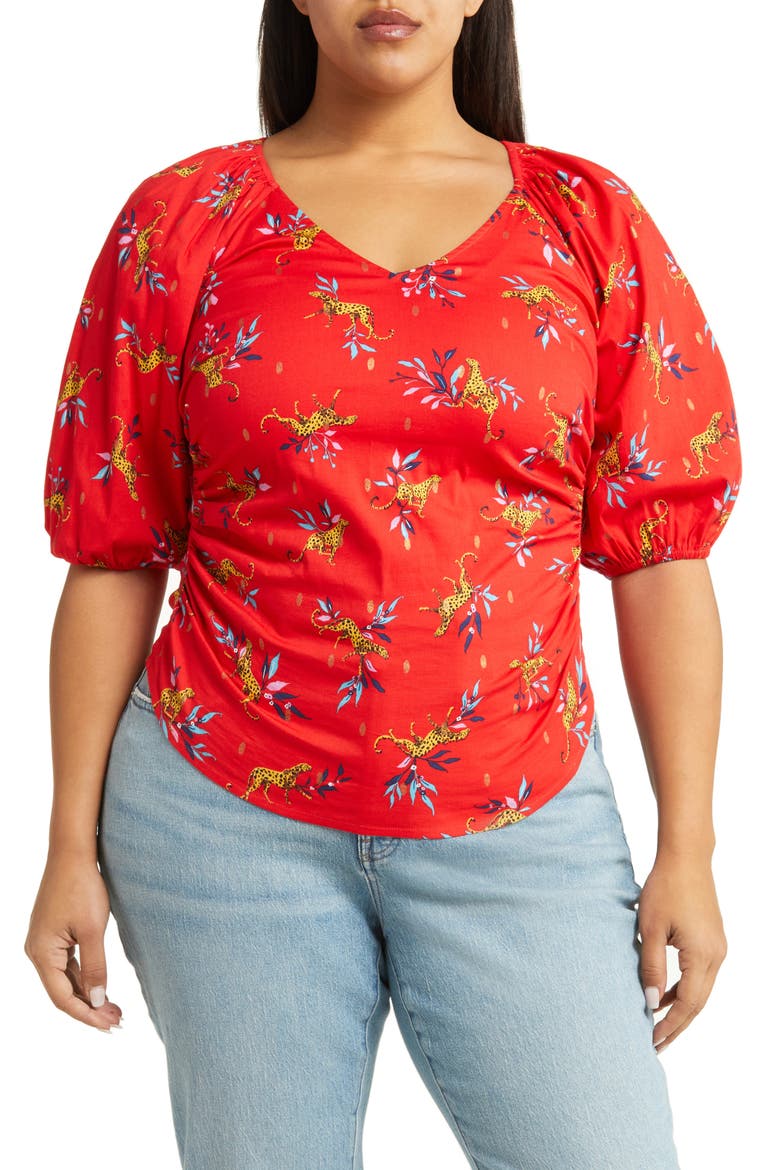 Elsa Floral Print Stretch Organic Cotton Top, Main, color, LUCKY CHEETAH POPPY RED