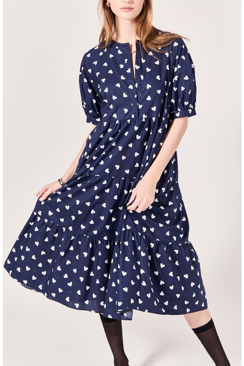Heart Print Short Sleeve Tiered Cotton Midi Dress, Alternate, color, NAVY/ WHITE