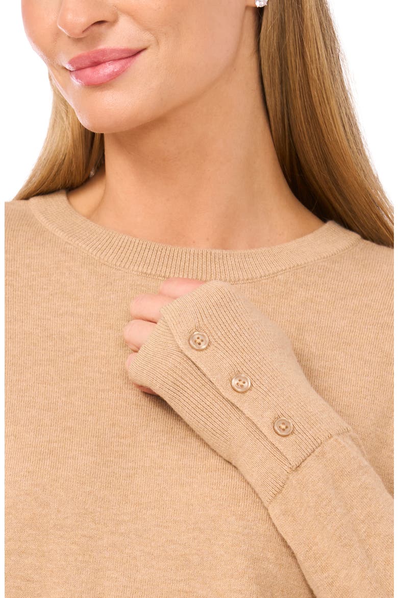 Button Cuff Crewneck Sweater, Alternate, color, LATTE HEATHER