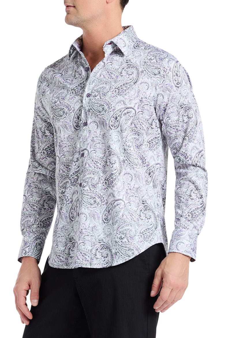 Ibiza Paisley Stretch Button-Up Shirt, Alternate, color, PURPLE