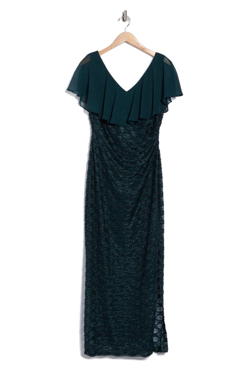 Beaded Ruffle Neck Gown, Alternate, color, DARK MALLARD