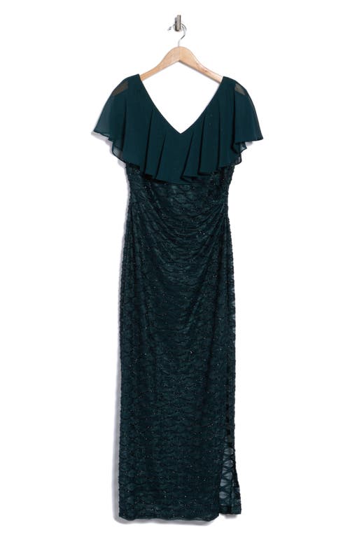 Connected Apparel Beaded Ruffle Neck Gown In Green