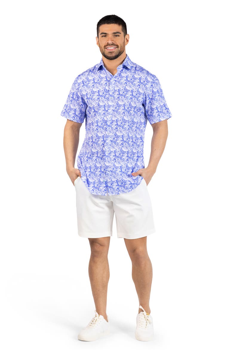 Distressed Hawaiian Leaves Short Sleeve Button-Up Shirt, Alternate, color, LIGHT BLUE