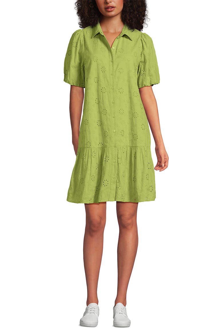 Elbow Sleeve Eyelet Knee Length Shirt Dress, Alternate, color, Bright Pistachio Floral Eyelet