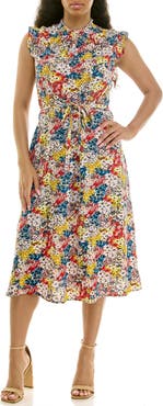 Nina Leonard Smocked Neck Tie Waist Midi Dress