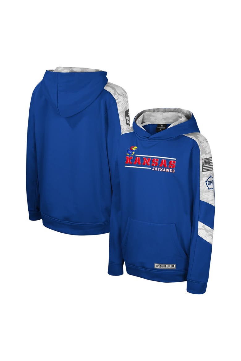 Youth Colosseum Royal Kansas Jayhawks OHT Military Appreciation Cyclone Digital Camo Pullover Hoodie, Main, color, Royal