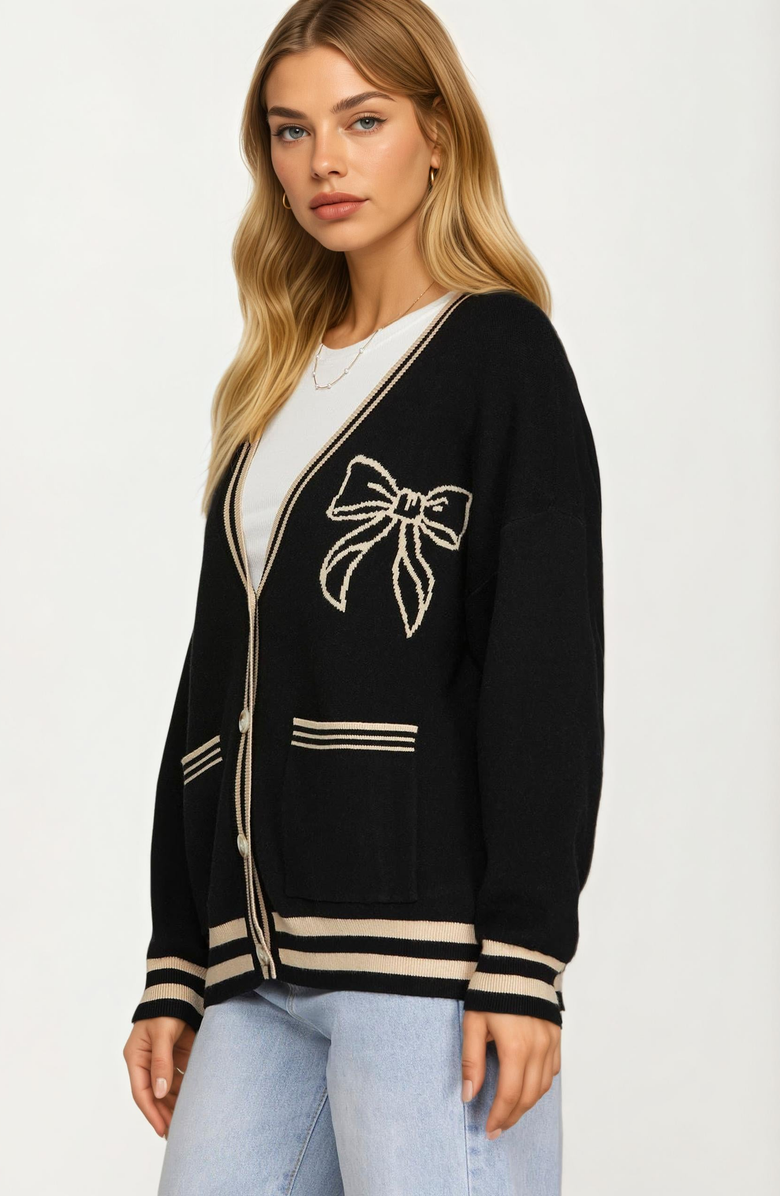 Knit and Lounge Contrast Trm Bow Detail Cardigan, Alternate, color, 