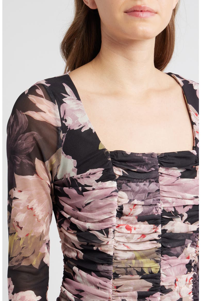Floral Long Sleeve Ruched Midi Dress, Alternate, color, ANNE BLACK MULTI