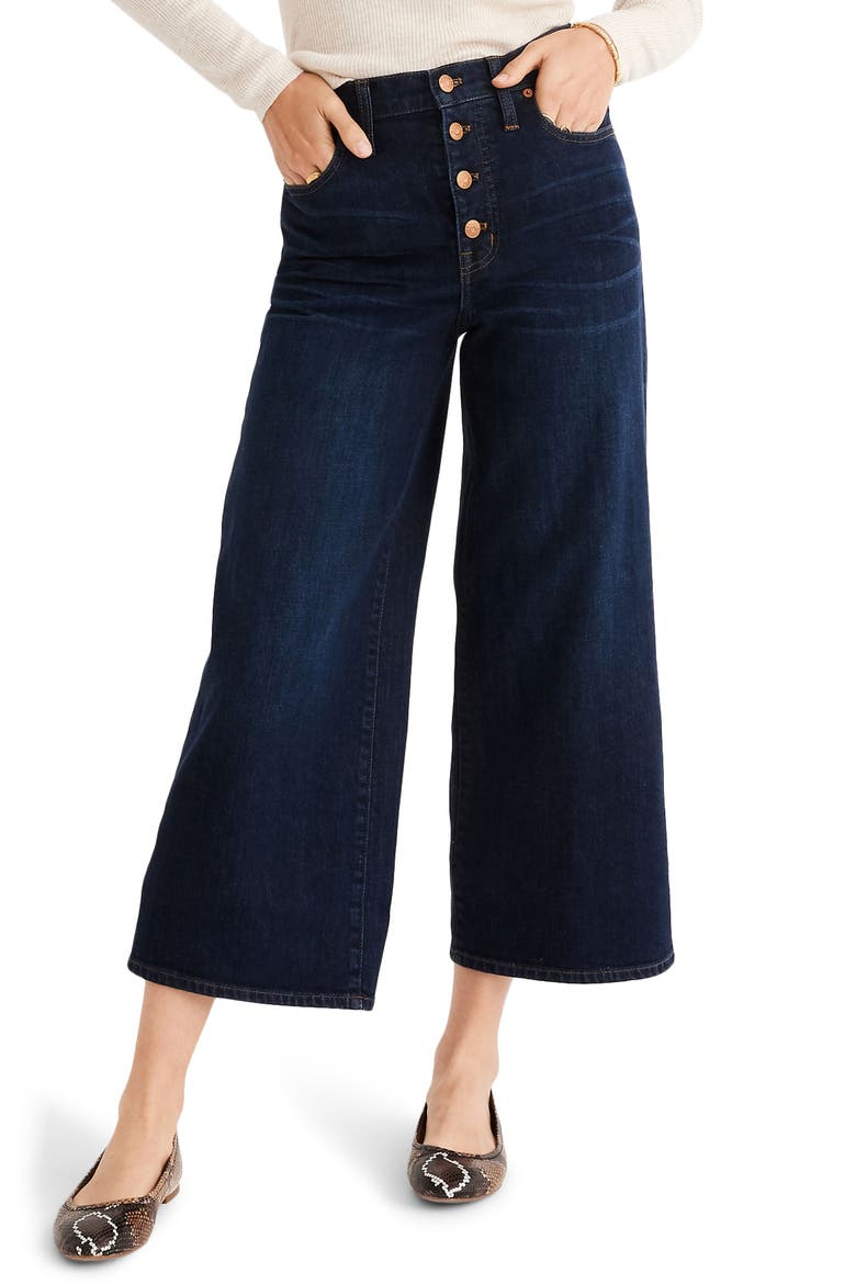 Button Front Wide Leg Crop Jeans, Main, color, HAYES WASH