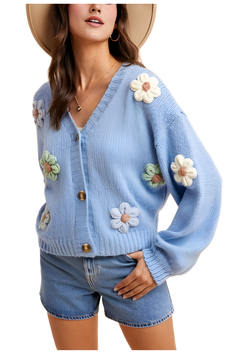 Knit and Lounge Button-Up Flower Embellished Cardigan, Alternate, color, 