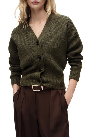 Mango V-neck Rib Cardigan In Green