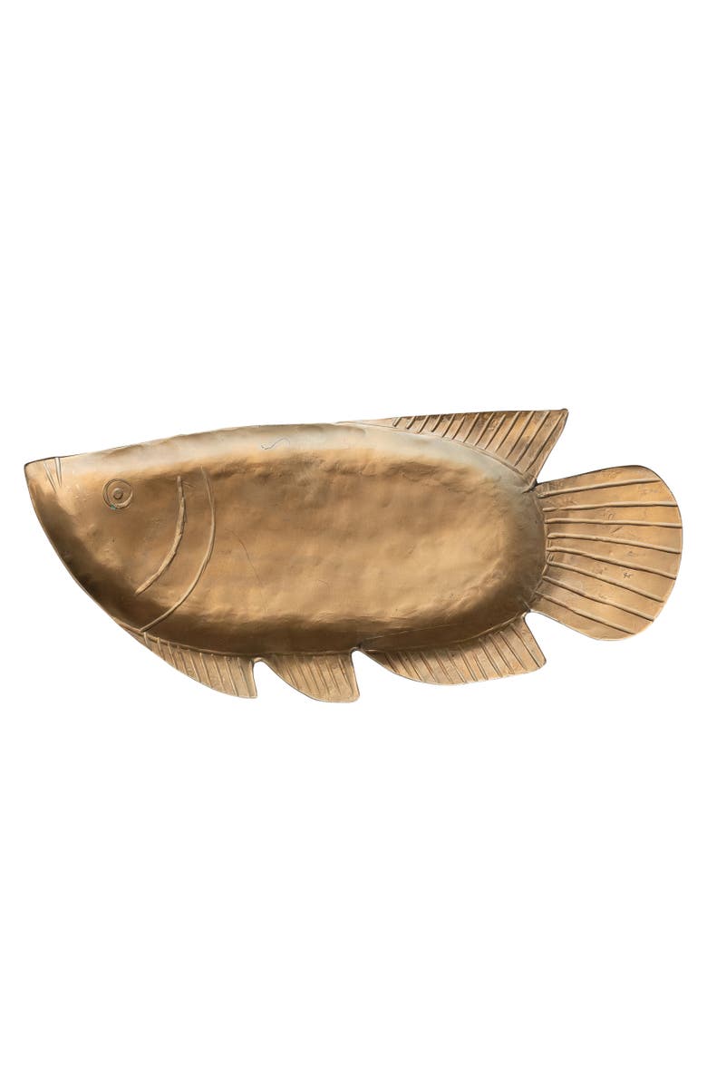 Storied Home Metal Fish Shaped Tray, Antique Gold Finish, Main, color, Gold