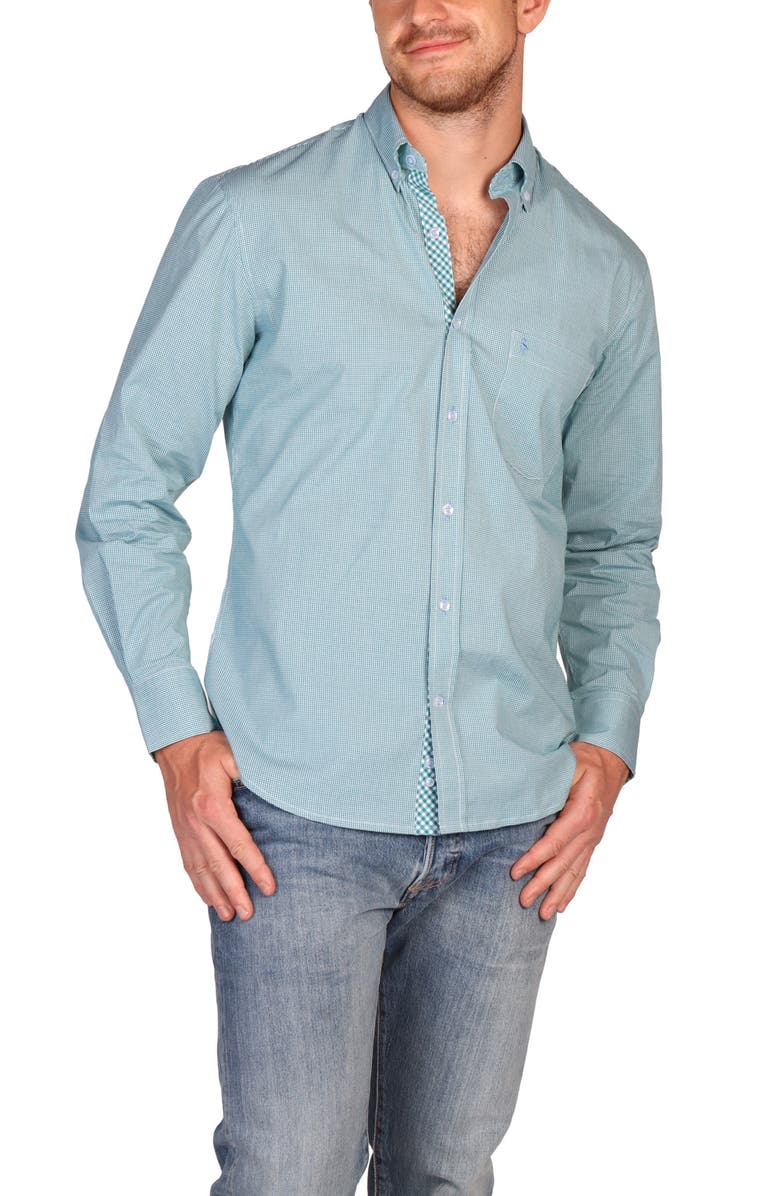 TailorByrd Signature Gingham Print Performance Button Down Shirt, Alternate, color, Teal