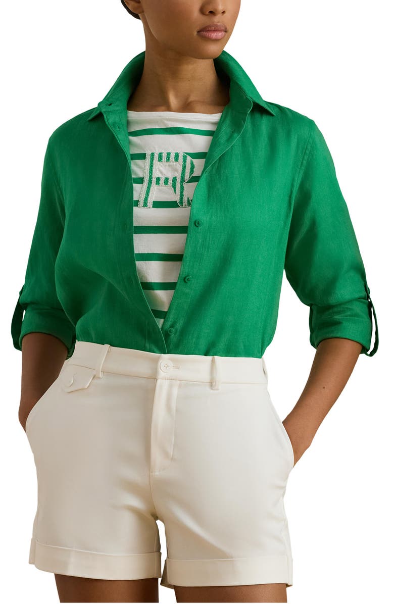 Lauren Ralph Lauren Karrie Linen Button-Up Shirt, Main, color, Stem Green