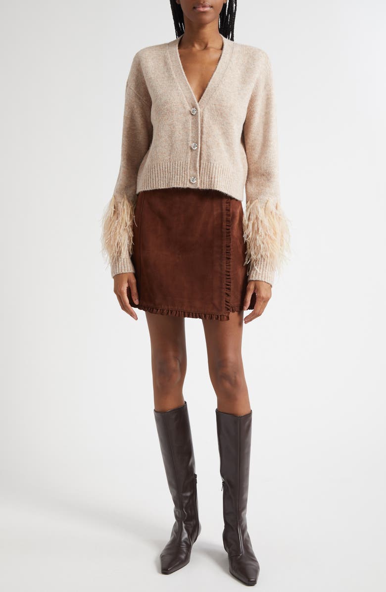 Cinq à Sept Briana Feather Trim Cardigan, Alternate, color, Oatmeal