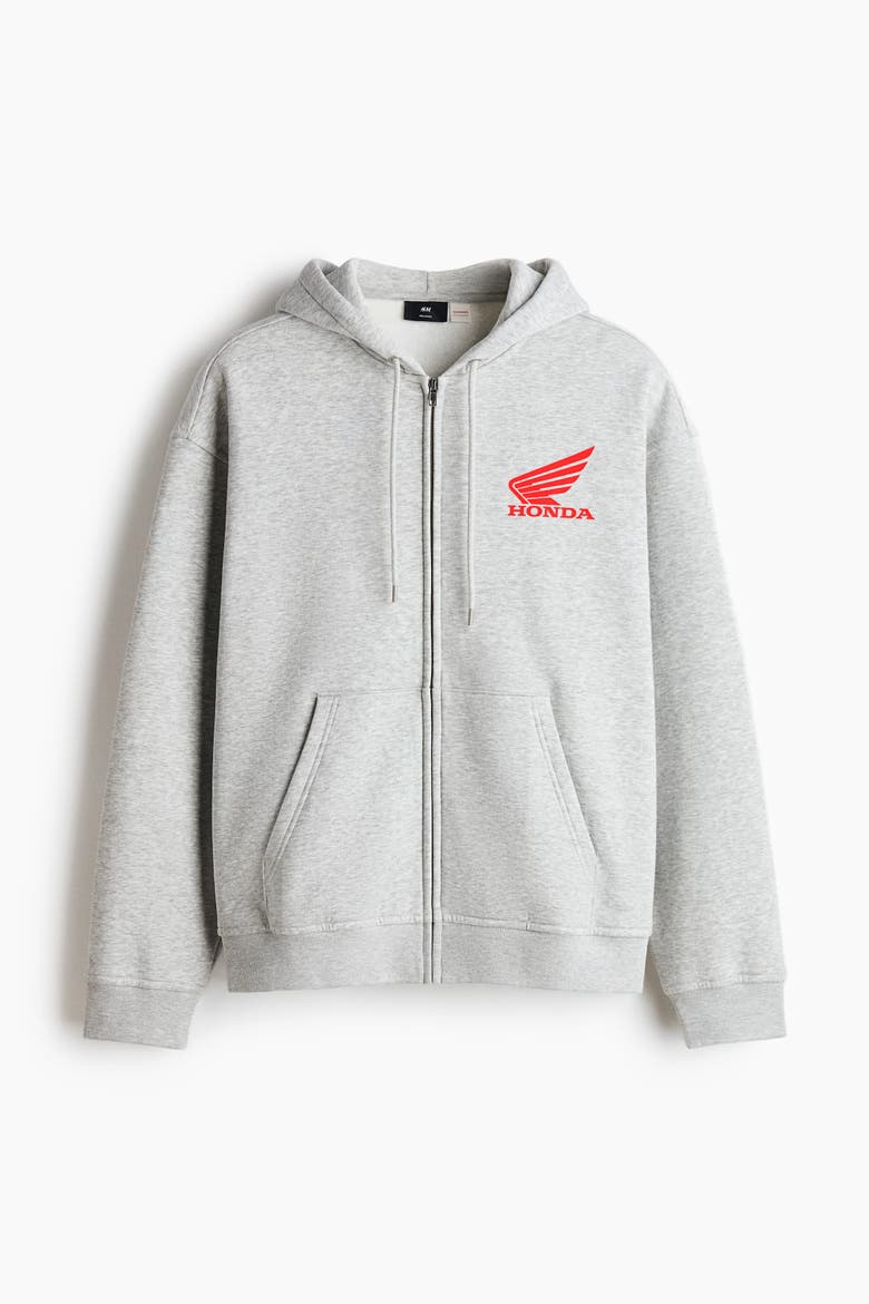 Loose Fit Printed Zip-through Hoodie, Alternate, color, Light gray melange/Honda