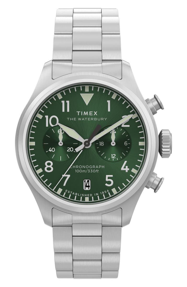 Timex<sup>®</sup> Waterbury Ace Chronograph Leather Strap Watch, 41mm, Main, color, Silver