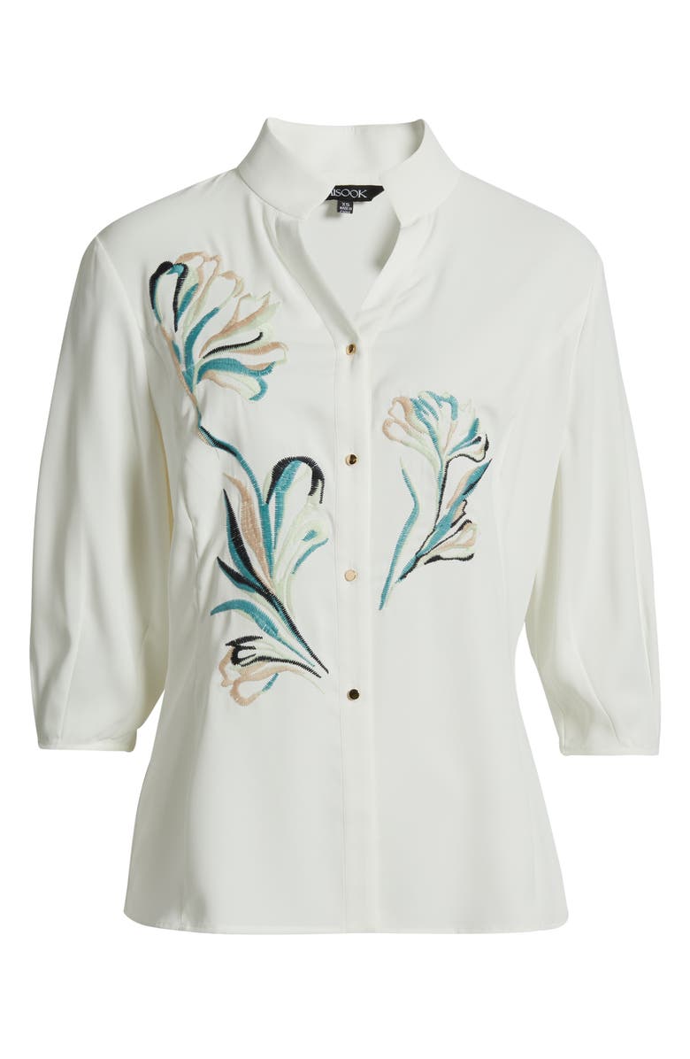Misook Floral Embroidered Button-Up Shirt, Alternate, color, White/ Green Multi