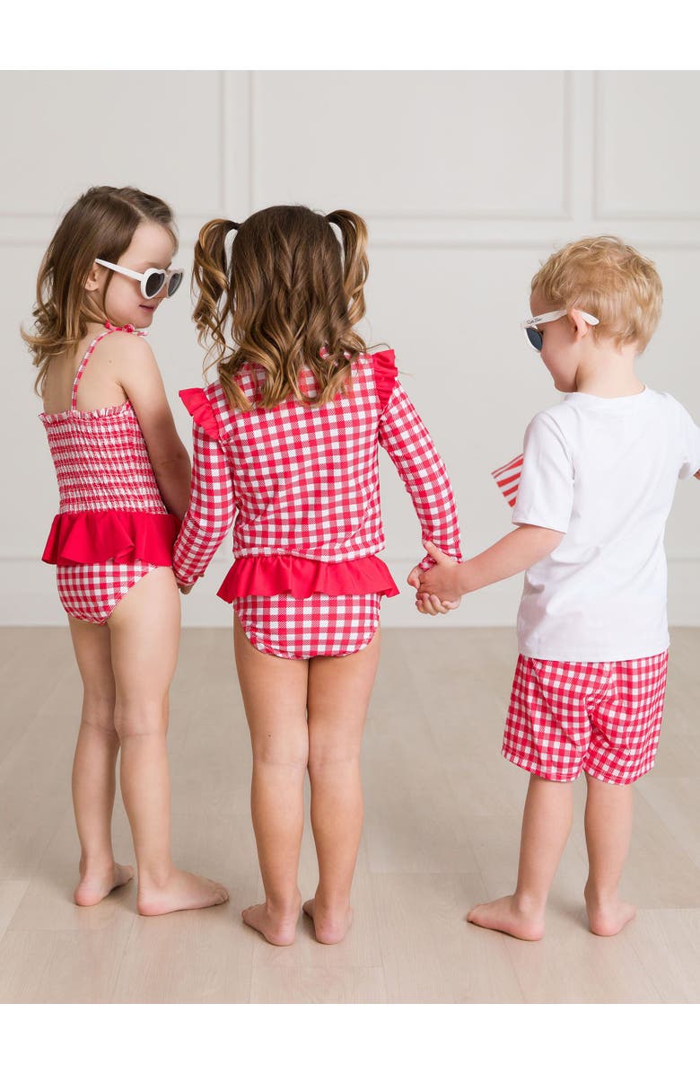 RuffleButts Baby/Toddler Girls UPF50+ Sun Protected Skirted Flutter Long Sleeve Rash Guard Bikini, Alternate, color, Vintage Red Gingham