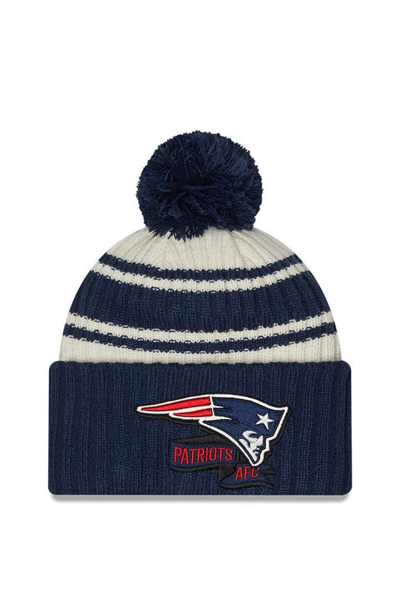 New Era Men's New Era Cream/Navy New England Patriots 2022 Sideline Sport Cuffed Pom Knit Hat, Main, color, Cream