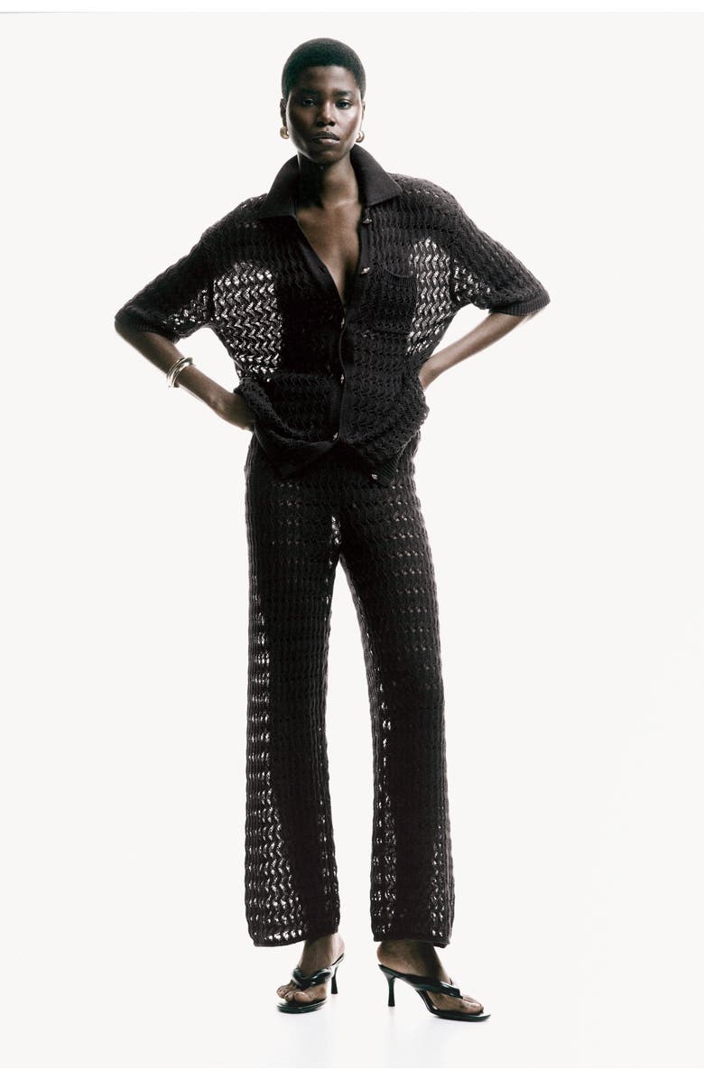 H&M Crochet-look Cotton Trousers, Alternate, color, Dark Brown