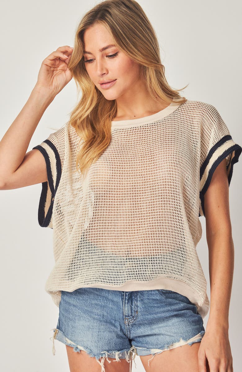 BLUEGREY Nautical Stripe Short Sleeve Mesh Top, Alternate, color,