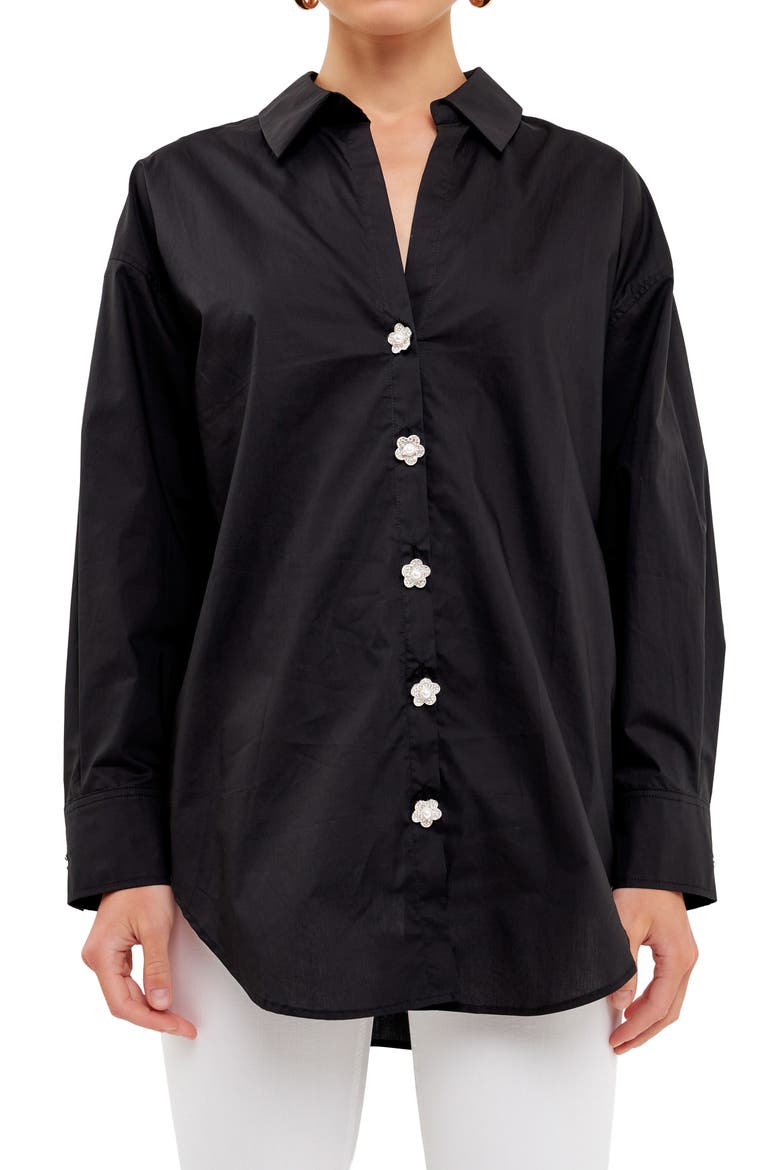 Imitation Pearl Button-Up Cotton Shirt, Alternate, color, BLACK