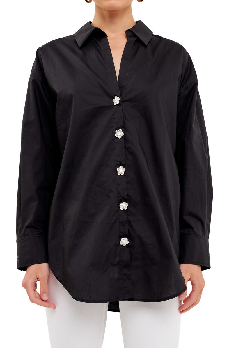 English Factory Imitation Pearl Button-Up Cotton Shirt, Alternate, color, Black