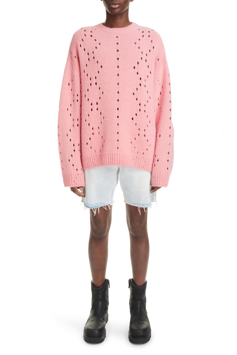 Oversize Pointelle Stitch Crewneck Sweater, Alternate, color, FLAMINGO