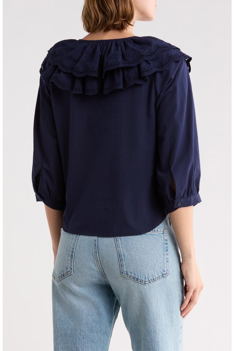 Ruffle Eyelet Cotton Shirt, Alternate, color, NAVY