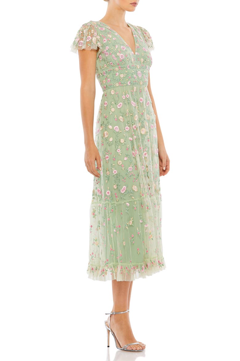 Embroidered V Neck Cap Sleeve Midi Dress, Alternate, color, SAGE