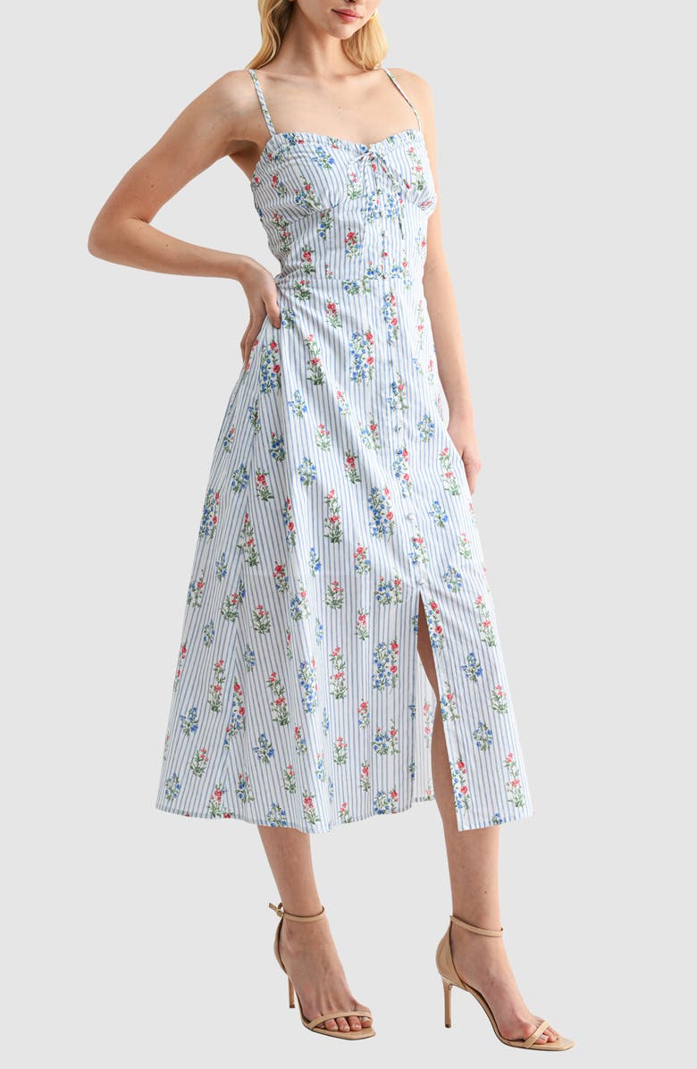 Lush Sweetheart Tie Neck Midi Sundress, Alternate, color, Blue Stripe Floral