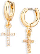 Leith Pavé Cubic Zirconia Cross Drop Huggie Hoop Earrings