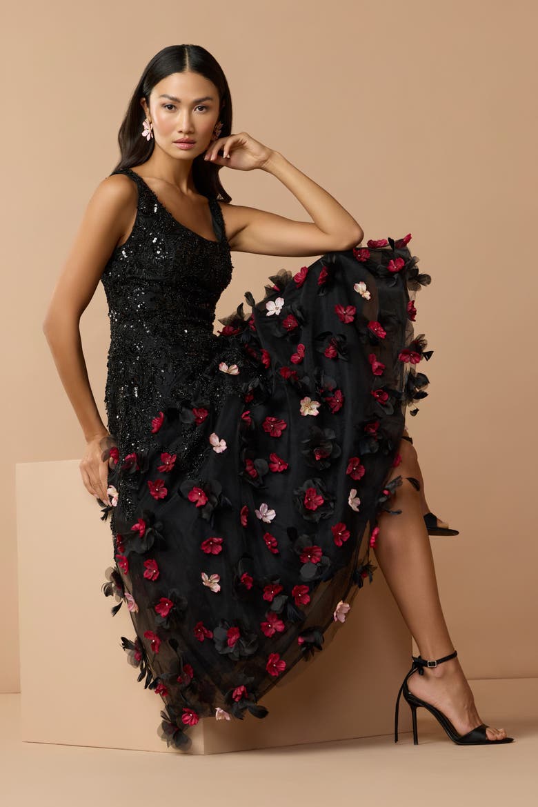 Petite Sleeveless Beaded Midi Dress With 3D Flowers, Alternate, color, Black Multi