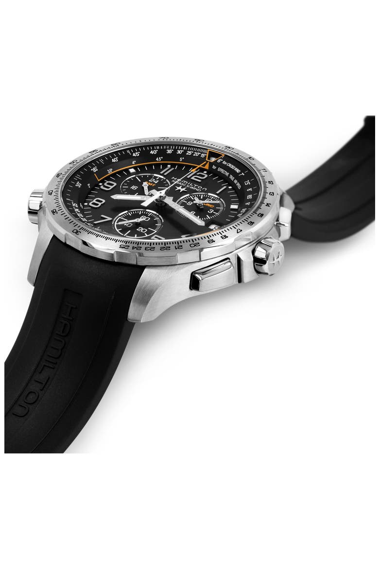 Khaki Aviation X-Wind Chronograph GMT Silicone Strap Watch, 46mm, Alternate, color, BLACK/ SILVER