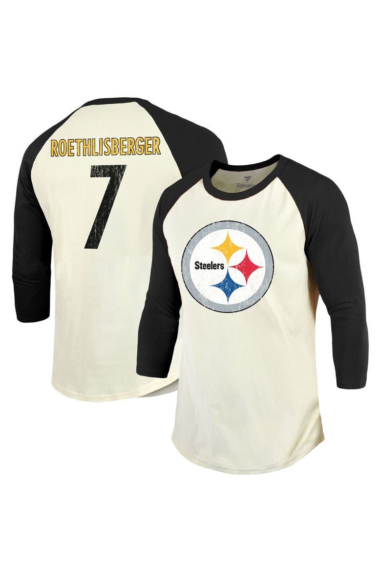 Men's Fanatics Branded Ben Roethlisberger Cream/Black Pittsburgh Steelers Player Name & Number Raglan 3/4-Sleeve T-Shirt, Main, color, Cream