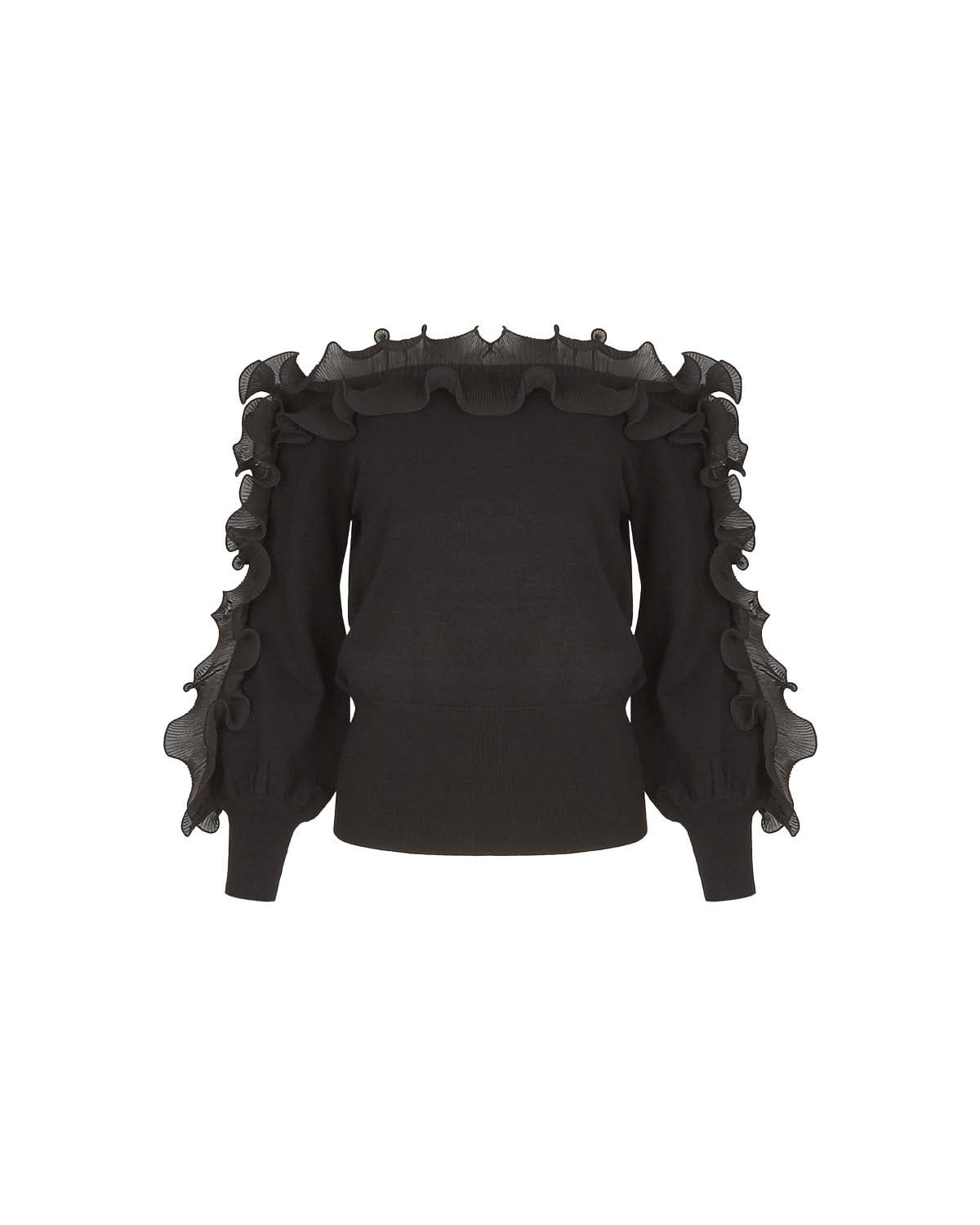 Anne Fontaine Women's  Catane Black Long Sleeve Pullover Knit With Black Ruffle Details 