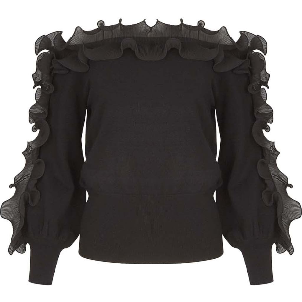 Anne Fontaine Women's  Catane Black Long Sleeve Pullover Knit With Black Ruffle Details