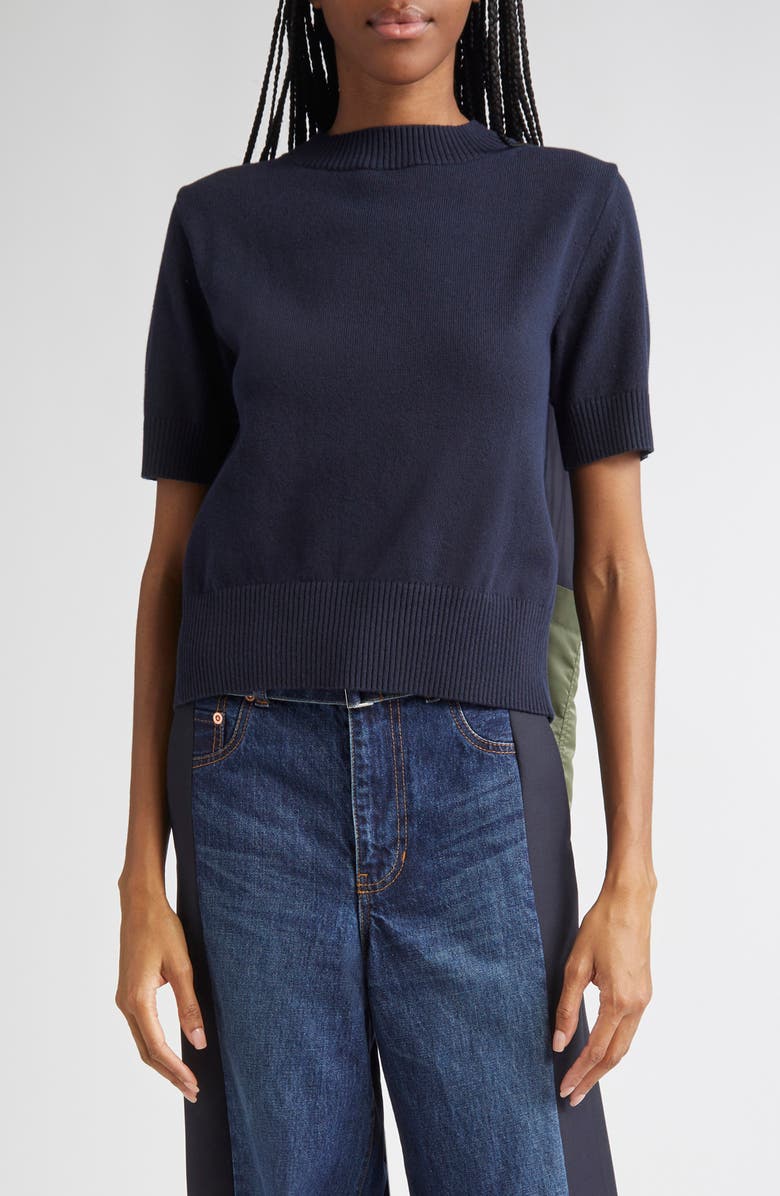 Sacai Mixed Media Nylon Twill & Knit Sweater, Main, color, 
