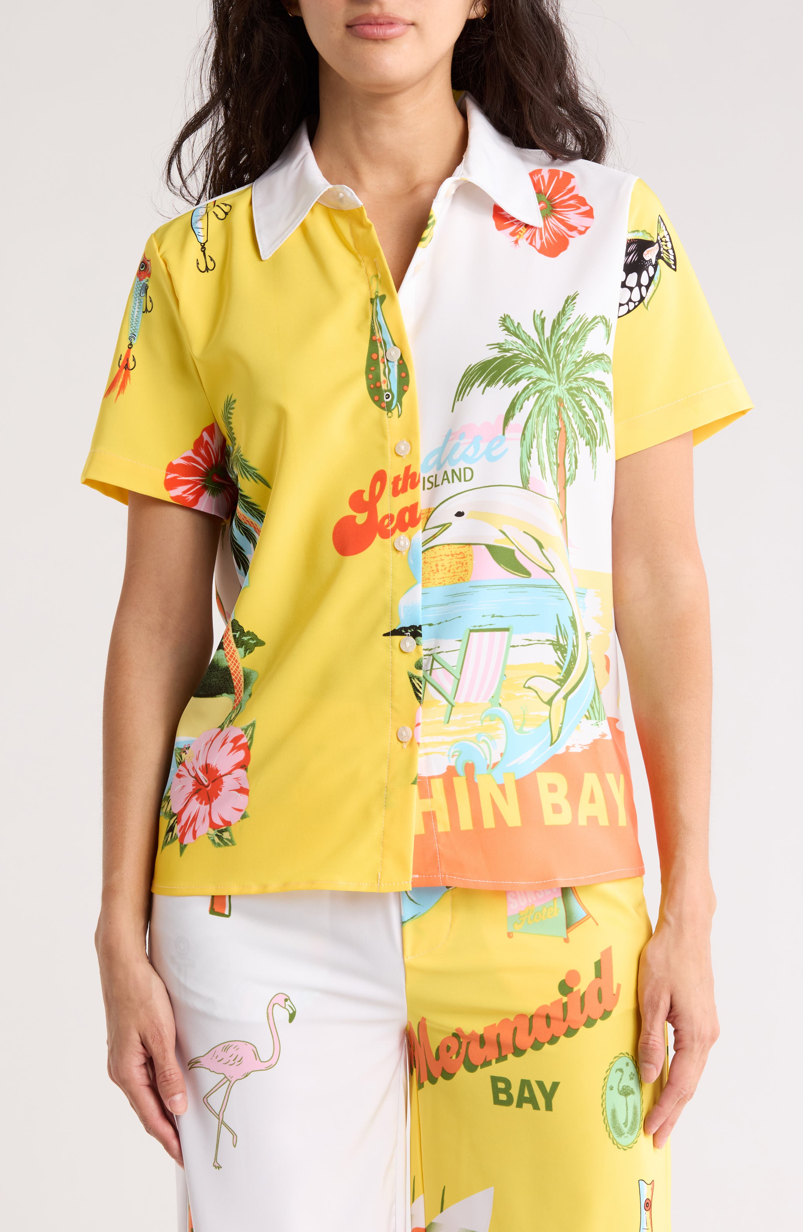 BY DESIGN Delano Colorblock Print Short Sleeve Button-Up Shirt