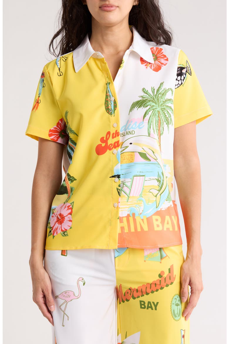 Delano Colorblock Print Short Sleeve Button-Up Shirt, Main, color, MERMAID BAY/ PARADISE BAY